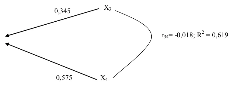 Gambar 1. Diagram lintasan hipotetik dari komponen jumlah partikel karet (X ) dan 3jumlah pembuluh lateks (X ) terhadap produksi (Y)4