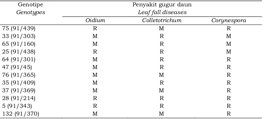Tabel 6. Hasil analisis penyakit gugur daun  terhadap genotipe yang terseleksi.�Table 6