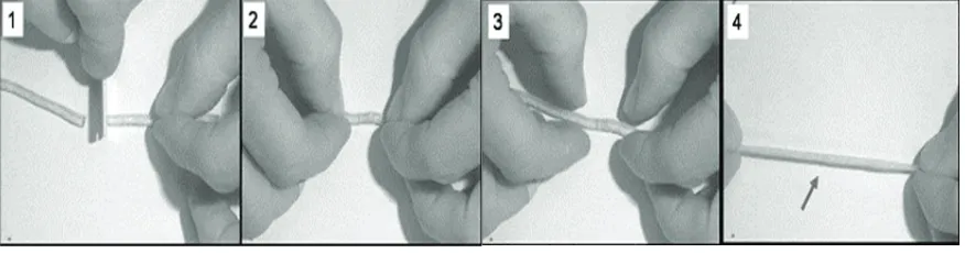 Gambar 1. Self-healing rubber (1) memotong, (2) mempertemukan, (3) memperbaiki, dan (4) meregangkan (Zhang dan Rong, 2011)Figure 1