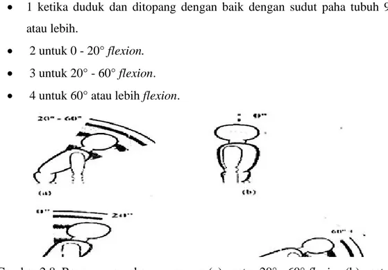 Gambar 2.8. Range pergerakan punggung (a) postur 20° - 60° flexion,(b) postur  alamiah, (c) postur 0° - 20° flexion dan (d) postur 60° atau lebih flexion (sumber: 