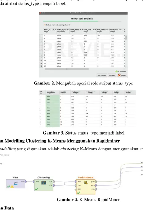 Gambar 3. Status status_type menjadi label  3.2  Melakukan Modelling Clustering K-Means Menggunakan Rapidminer 
