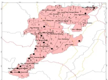 Gambar 1. Peta Komoditas Perkebunan Kab Muara Enim Kabupaten Muara  Enim terdiri atas 22 Kecamatan dan 310 desa dan 16 kelurahan dimana ibukota  Kabupaten Muara Enim terletak di Kecamatan Muara Enim