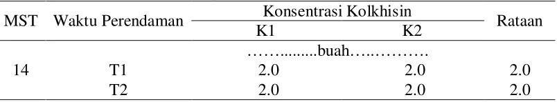Tabel 3.  Pertambahan tinggi tanaman aglaonema (Aglaonema cochinense S.) varietas Lady Valentine terhadap berbagai lama waktu perendaman dan konsentrasi kolkhisin pada umur 14 MST