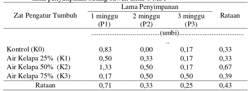 Tabel 6. Jumlah umbi okulasi ubi kayu mukibat dengan konsentrasi air  kelapa dan lama penyimpanan batang bawah umur 6 MST 