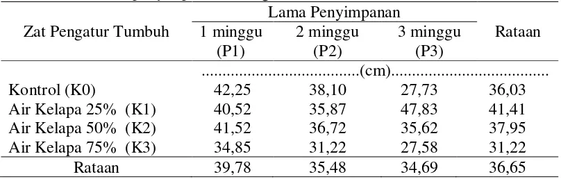 Tabel 3. Panjang tunas okulasi ubi kayu mukibat dengan konsentrasi air  kelapa  dan lama penyimpanan batang bawah umur 6 MST 