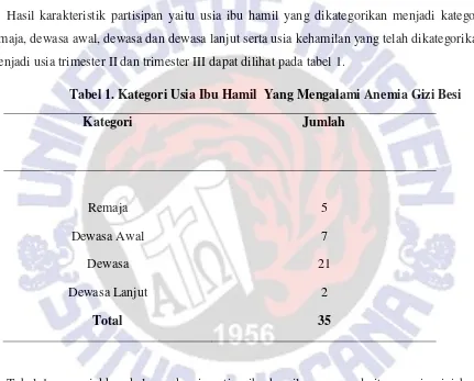 Tabel 1 menunjukkan kelompok usia setiap ibu hamil yang menderita anemia gizi besi. 