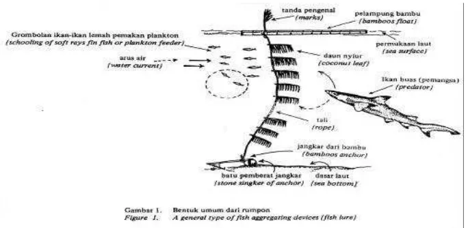 Gambar 8.  Bentuk umum rumpon (Balai penelitian perikanan laut, 1986) 