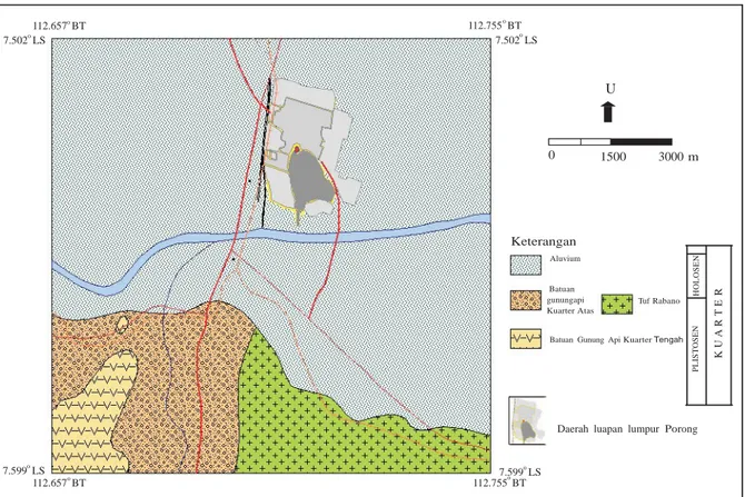 Gambar 1. Peta geologi sekitar semburan lumpur Porong (Santosa dan Suwarti, 1992; BPLS, 2006).