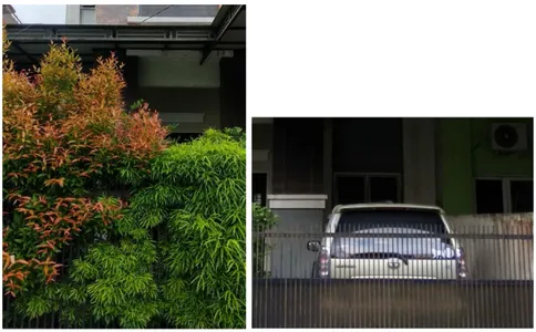 Gambar 5.1. Tumbuhan pada halaman depan (kiri) dan pagar (kanan)  sebagai pembatas privasi dengan tetangga