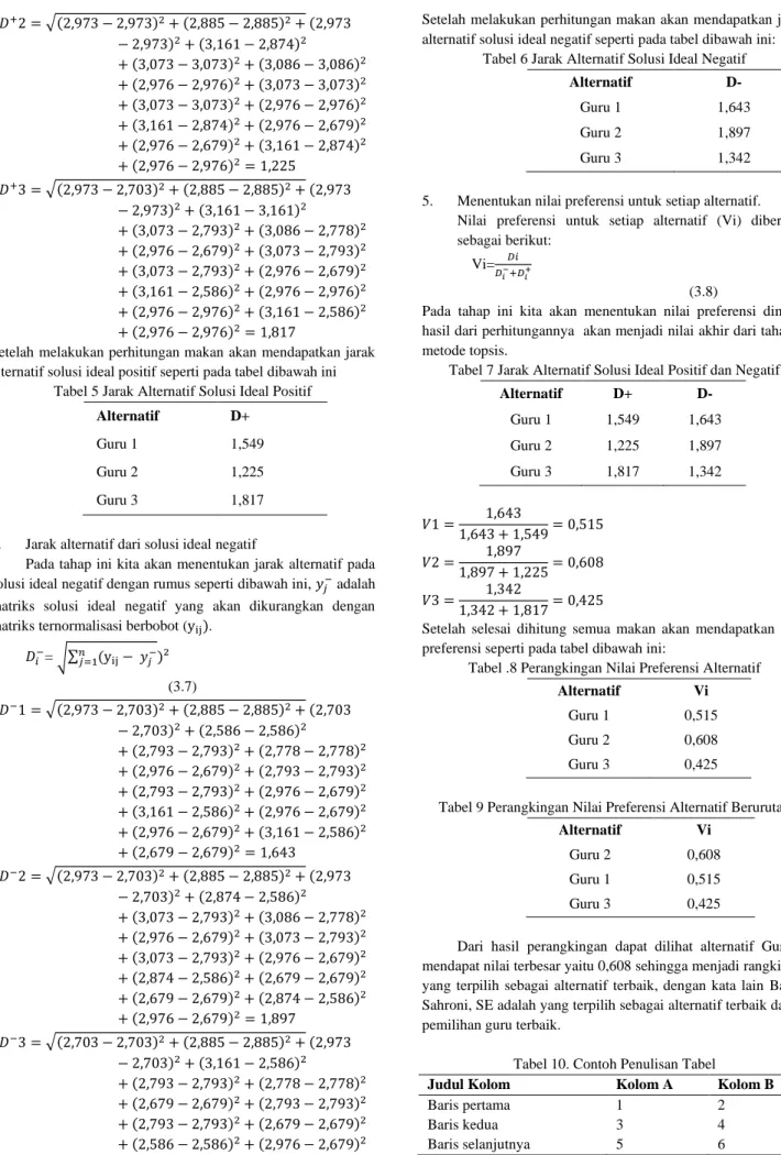 Tabel 5 Jarak Alternatif Solusi Ideal Positif  