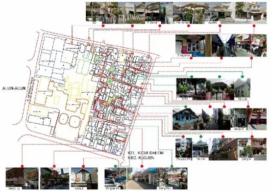 Gambar 4.7. Kondisi eksisting Kampung Kiduldalem dengan sarana dan prasarananya Sumber: hasil analisis, 2019