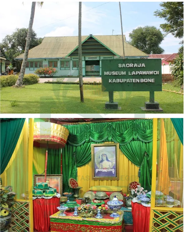 Gambar Museum Lapawawoi Kabupaten Bone yang terletak di kota  Watampone dan gambar singgasana raja di Kerajaan Bone yang di Meseum  Lapawawoi Kabupaten Bone, didokumentasikan pada tanggal 25 Maret 2013 