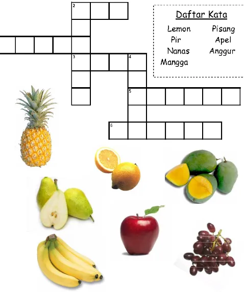 gambar buah-buahan di bawah juga petunjuknya, lho.  Petunjuk: Dengarkan petunjuk gurumu untuk mengisi teka-teki silang