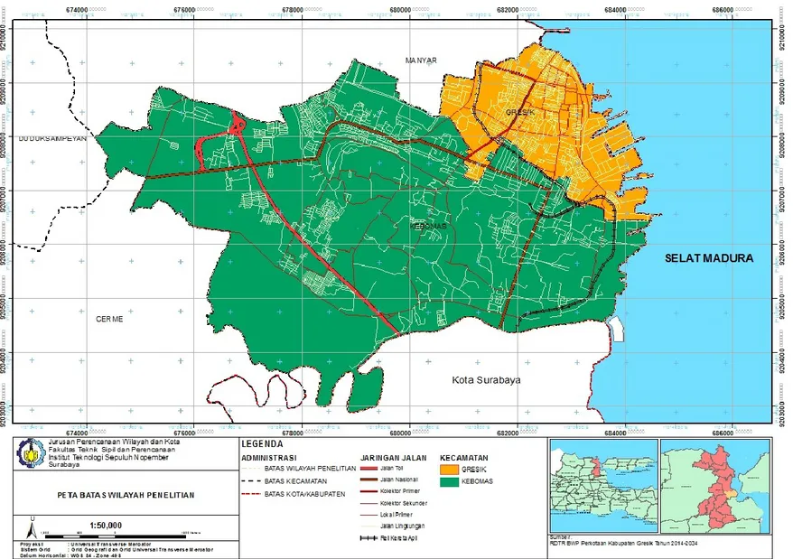 Gambar 1.1 Peta Batas Wilayah Studi  Sumber: RDTR BWP Perkotaan Gresik, 2014 