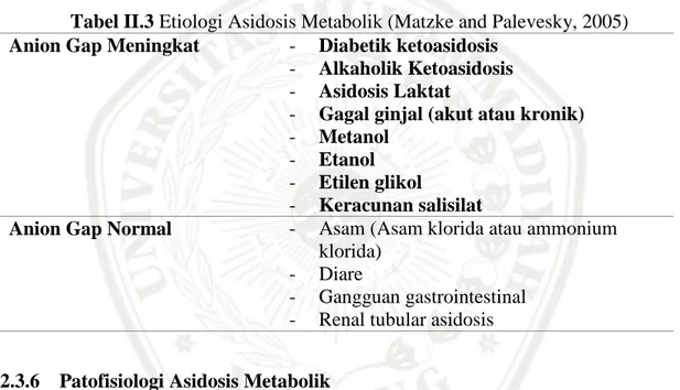 Tabel II.3 Etiologi Asidosis Metabolik (Matzke and Palevesky, 2005)  Anion Gap Meningkat                              -  Diabetik ketoasidosis 