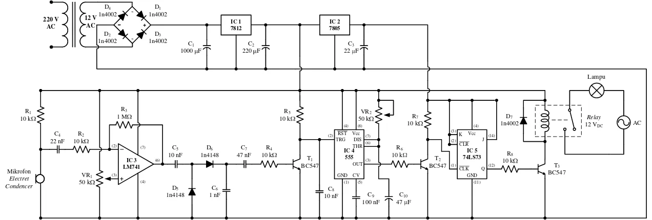 Gambar 5. Diagram blok dan titik-titik pengujian rangkaian Clap Switch