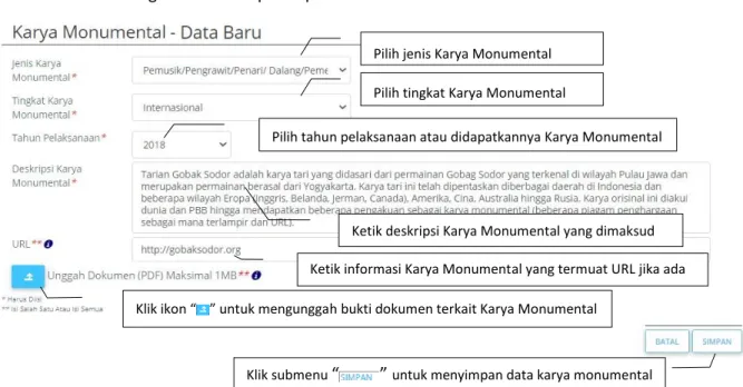 Gambar 7. Tampilan Pengisian data Karya Monumental 
