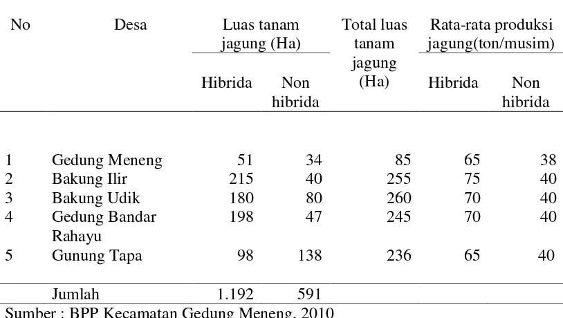 Tabel  6. Luas tanam dan produksi jagung setiap desa di Kecamatan Gedung                Meneng tahun 2009                 