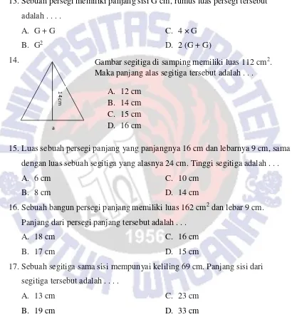 Gambar segitiga di samping memiliki luas 112 cm2. 