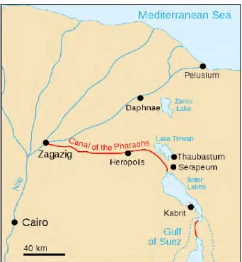 Gambar 23: Sebelum Terusan Suez terdapat terusan lama binaan Firaun pada zaman sebelum   permulaan tahun Masihi menghubungi Laut Merah ke Sungai Nil dan Laut 