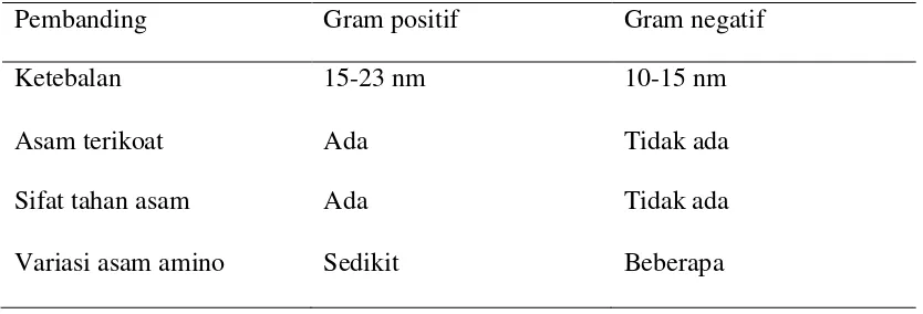 Tabel 2.1 perbedaan penyusun dinding sel antara bakteri gram positif dan gram    