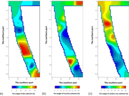 Figure 3 shows the zoning distribution of sediments in the study area. It shows that in areas close to the ocean where ocean currents begin to enter to the mouth of the river, the sediment in this area can be categorized as medium sandy sediment or zone of
