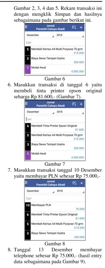 Gambar  4  menunjukkan  bahwa  transaksi  pada  tanggal  3  Desember  sudah  dimasukkan  dan  klik  Simpan  untuk  merekam  transaksi  ini  sebagaimana  Gambar 5