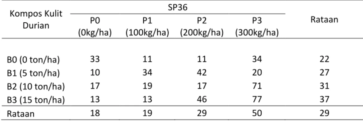 Tabel  3.  Uji beda  rataan  serapan  P  tanaman pada  beberapa taraf  perlakuan  kompos  kulit durian dan pupuk SP36 pada umur tanaman jagung (Zea  mays L.) 7 MST (mg / tanaman)