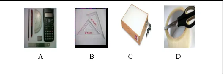Gambar 10. Alat- alat yang digunakan. (A) Pensil, pulpen, penghapus,penggaris, busur dan kalkulator, (B) Rol segitiga, (C) Tracing box(D) Gunting dan selotip