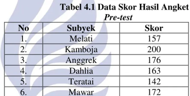 Tabel 4.1 Data Skor Hasil Angket 