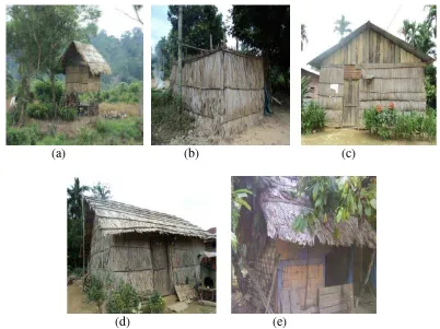 Gambar 3. (a) Gubuk ladang, (b) kamar mandi, (c) dinding rumah,  (d) atap dan dinding rumah dari daun sang, (e) kadang ternak 