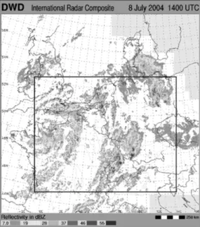 Abbildung 4.1.: Europäisches Radarkomposit (DWD) am 08.06.2004 um 1400 UTC (Quelle: Kober &amp; Tafferner, 2009)