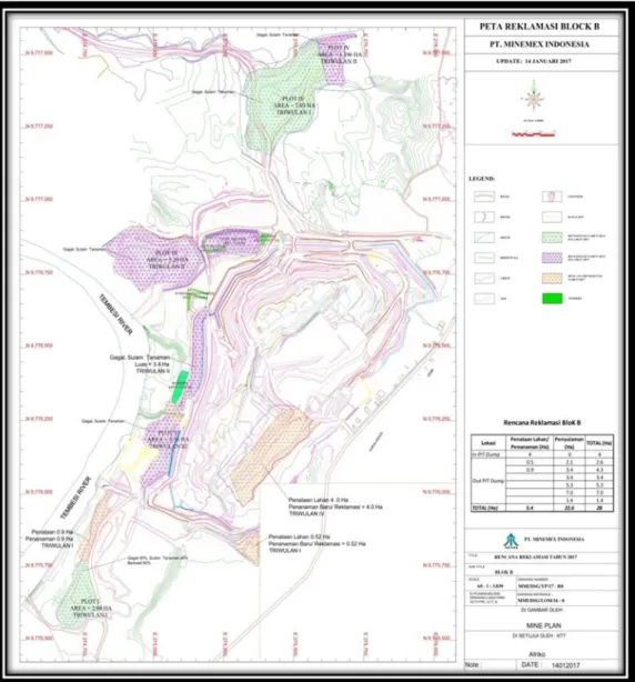 Gambar 4.1 Situasi Lokasi Penelitian Blok B PT Minemex Indonesia  Luasan  Area  inpit  dump  pada  peta  rencana  reklamasi  PT