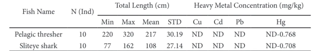 Table 3 Total length and concentration of Cu, Cd, Pb, and Hg in pelagic thresher and sliteye shark meat Fish Name N (Ind) Total Length (cm) Heavy Metal Concentration (mg/kg)