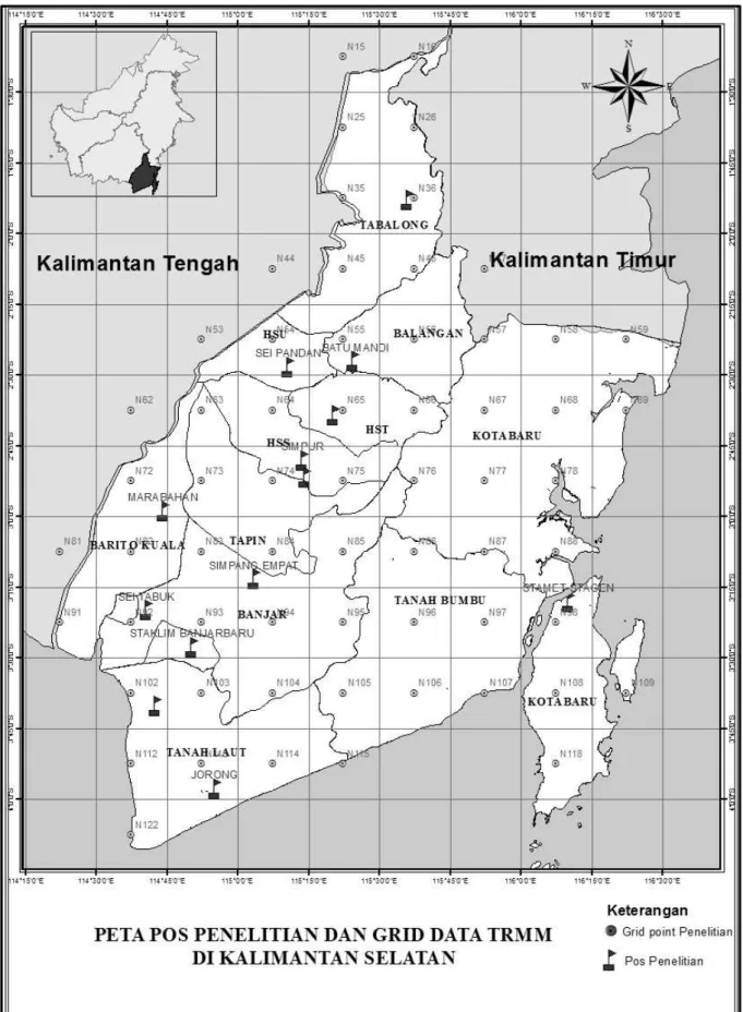 Gambar 1.  Peta Pos Penelitian dan Grid Data Satelit TRMM  
