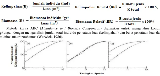 Gambar 1. Hipotesis kurva K-dominansi sebagai pendekatan pada kurva ABC antara kelimpahan spesies ( ) dan  biomassa  (------),  dimana  (a)  kondisi  ekosistem  tidak  terganggu,  (b)  terganggu  intensitas  sedang  (moderat),  dan  (c)  kondisi  terjadi  