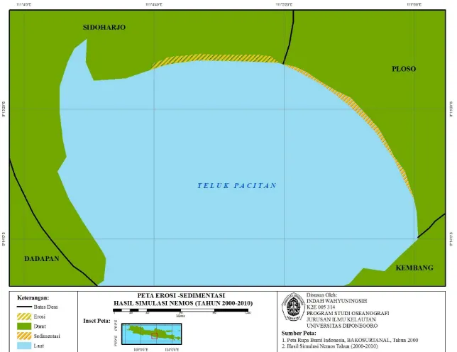 Gambar 3. Peta Perubahan Garis Pantai Teluk Pacitan Selama 10 Tahun  