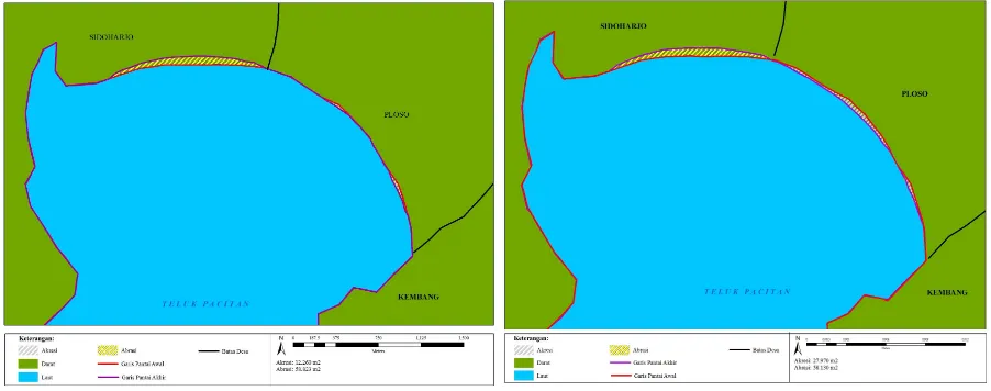 Gambar 3. Peta Perubahan Garis Pantai Teluk Pacitan  dari Tahun 2012-2015, kiri: tahun 2012; kanan: tahun 2013 