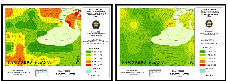 Gambar 4. Peta Sebaran Suhu Permukaan Laut Periode Upwelling Tahun 2011 Perairan Badung, Bali 