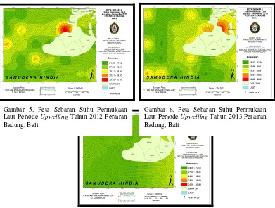 Gambar 7. Peta Sebaran Suhu Permukaan Laut Periode  Upwelling Tahun 2014 Perairan Badung, Bali 