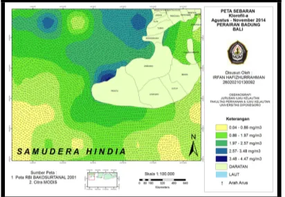 Gambar 13. Peta Sebaran Klorofil-a Periode  Upwelling Tahun 2014 Perairan Badung, Bali 