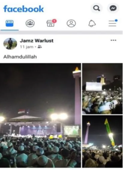 Gambar 7 Partisipasi Metalhead Indonesia menyiarkan secara langsung kegiatan keagamaan Islam di  Monas melalui aplikasi video Facebook
