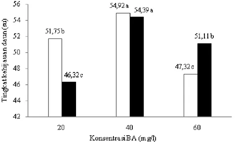Gambar 2.  Pengaruh pemberian BA dan vitamin B terhadap tingkat kehijauan daun anggrek Dendrobium setelah 6 bulan aplikasi