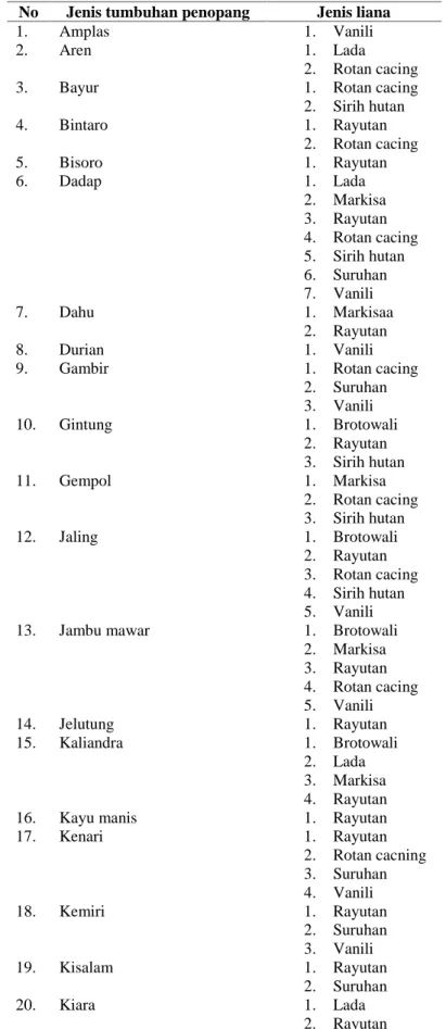 Tabel 3. Jenis tumbuhan penopang  dan  liana yang berasosiasi di Blok Perlindungan Taman Hutan Raya Wan Abdul Rachman.