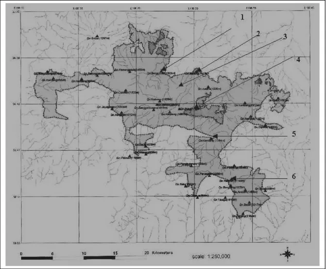Gambar 1.   Peta Taman Nasional Gunung Halimun dan lokasi pengambilan sampel yaitu: Gunung Buligir Putih  (1), Gunung Kencana (2), Gunung Pasir Cangkuang (3), Gunung Botol (4), Gunung Kendeng (5),  dan Gunung Halimun Selatan (6)