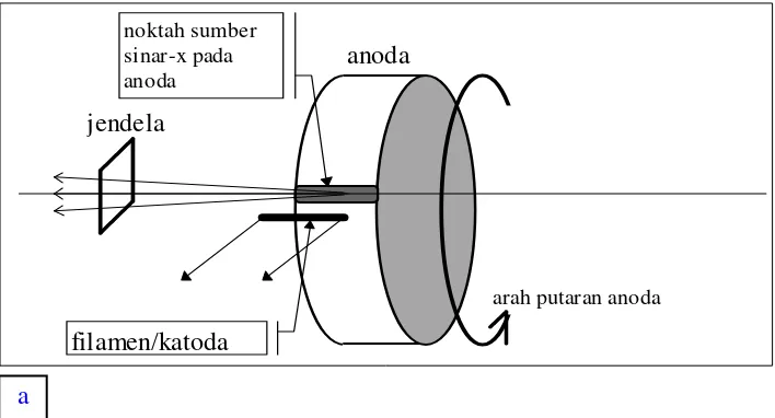 Gambar 3. Orientasi anoda dan filamen pada sumber sinar-x dengan anoda berputar. (a) orientasi geometri titik, (b) orientasi geometri garis