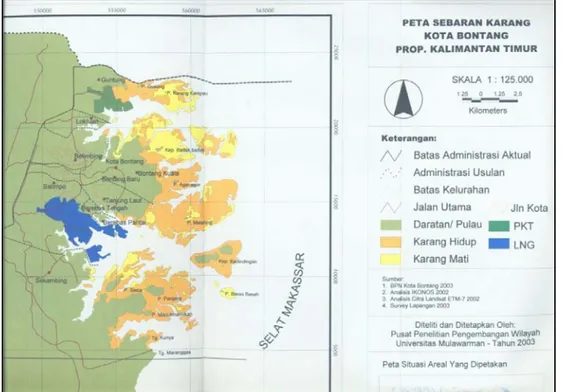 Gambar 1. Terumbu Karang Perairan Kota Bontang (warna oranye dan kuning)                    (Bappeda Kota Bontang, 2007) 