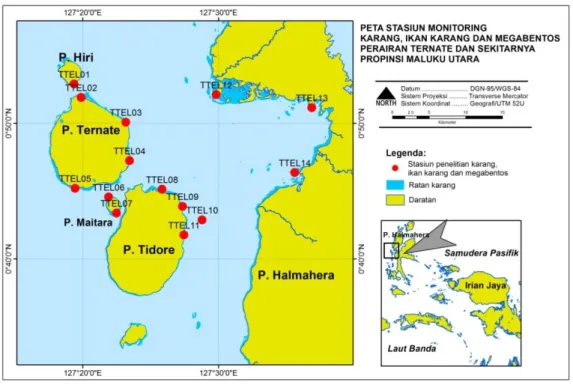Gambar 1. Peta stasiun penelitian megabentos di perairan Ternate dan sekitarnya  Tabel 1