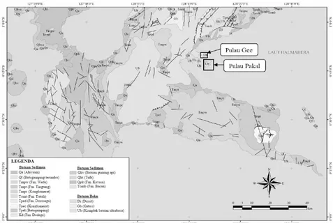 Gambar 2. Peta geologi daerah studi dan sekitarnya di Halmahera (Apandi &amp; Sudana, 1980).