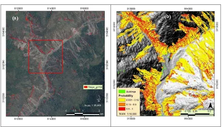 Figure 4.5: Identification of (a) potential rockfall sources in area with slope gradient >70 degree (b) runout spreading by using 5m DEM 